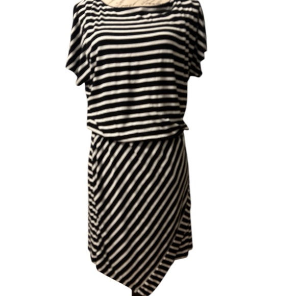 WHITE HOUSE BLACK MARKET dress, black and white stripe, faux wrap, size Medium. - Picture 1 of 9